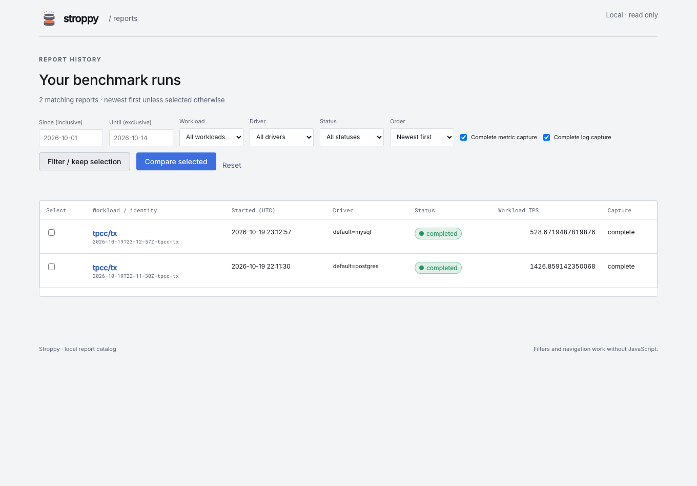 Local catalog of saved runs with independent complete metric and log filters