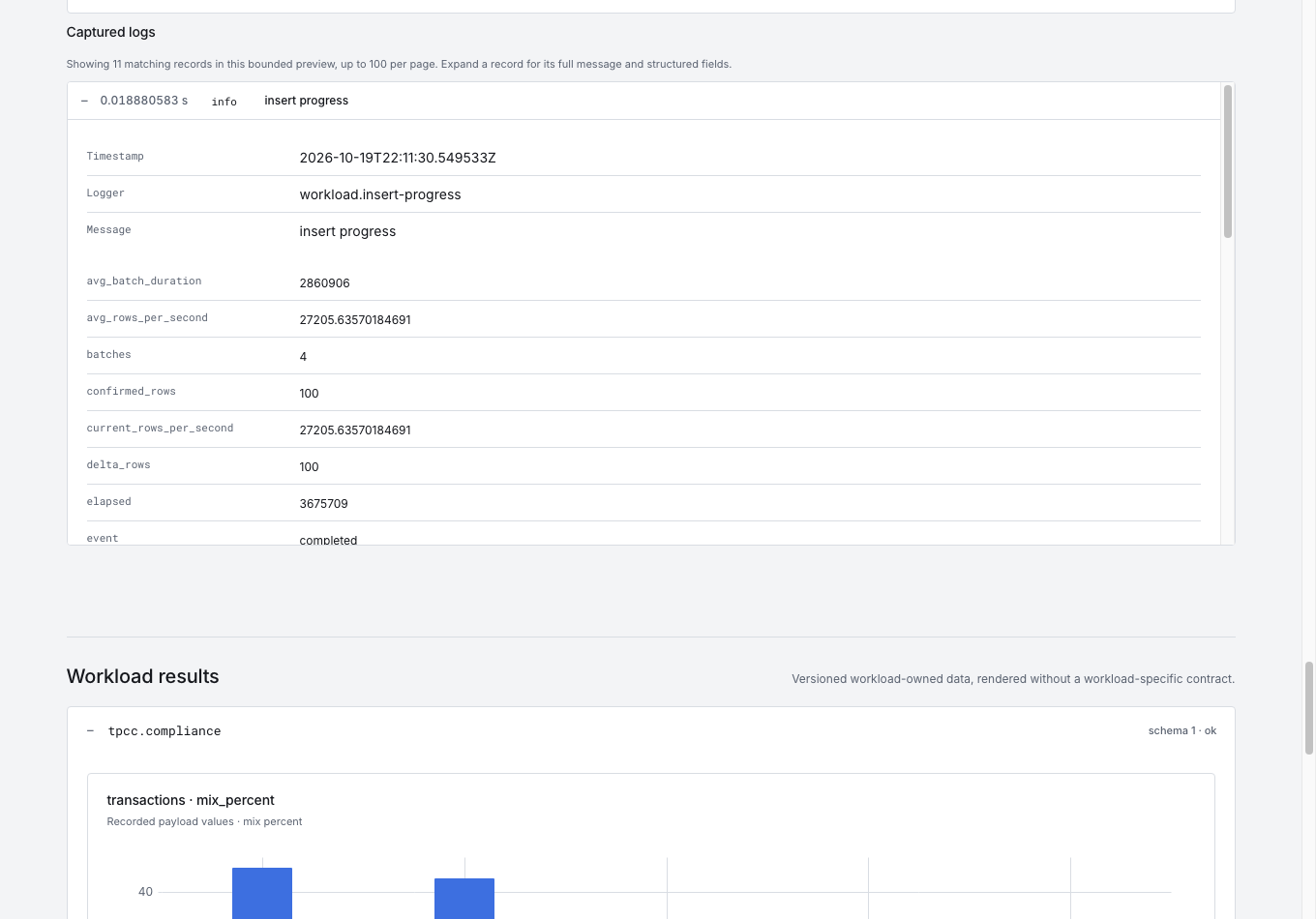 Captured logs shown as a bounded, scrollable list of expandable structured records