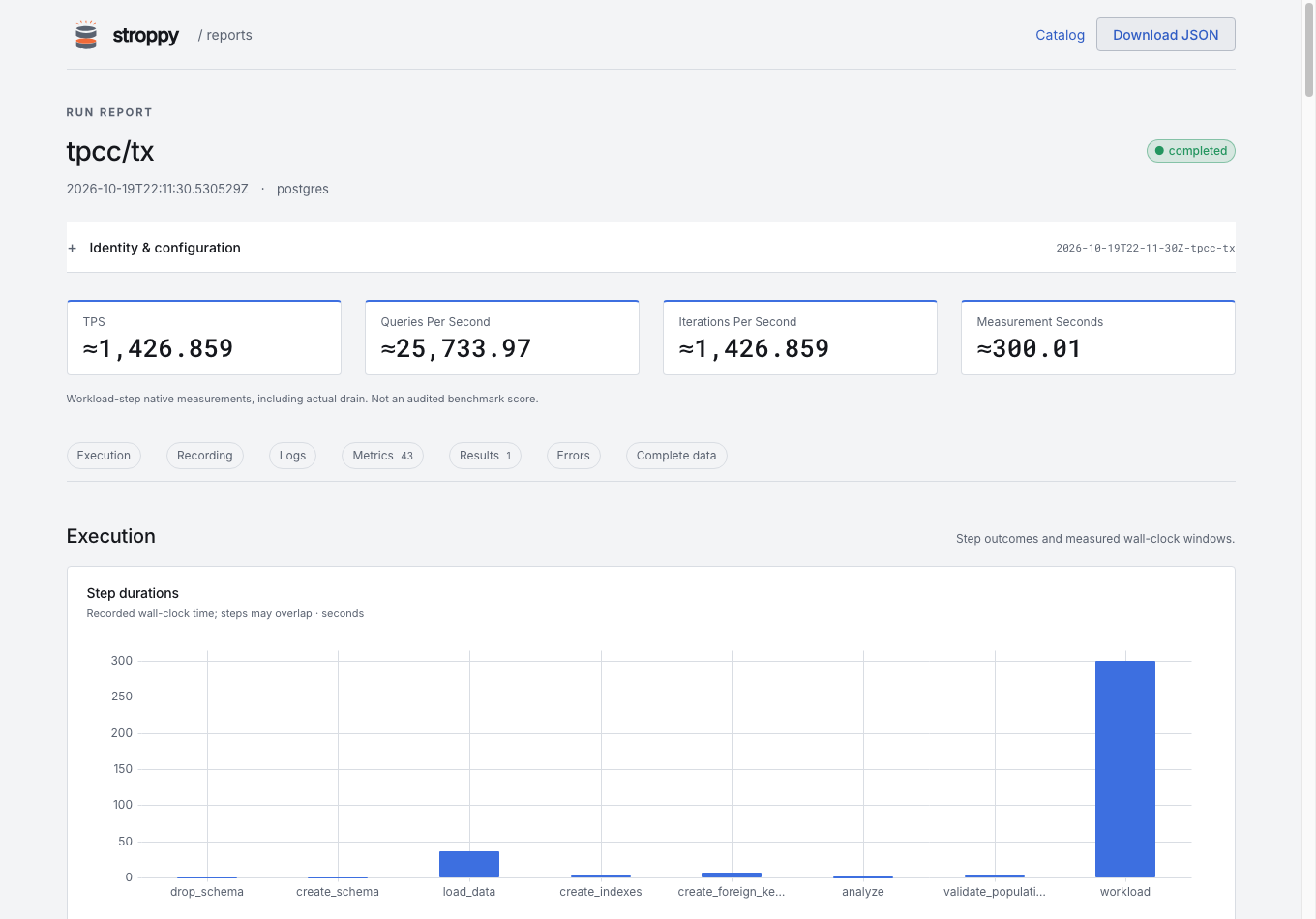 A saved run report with native measurements, expandable identity, and metric sections